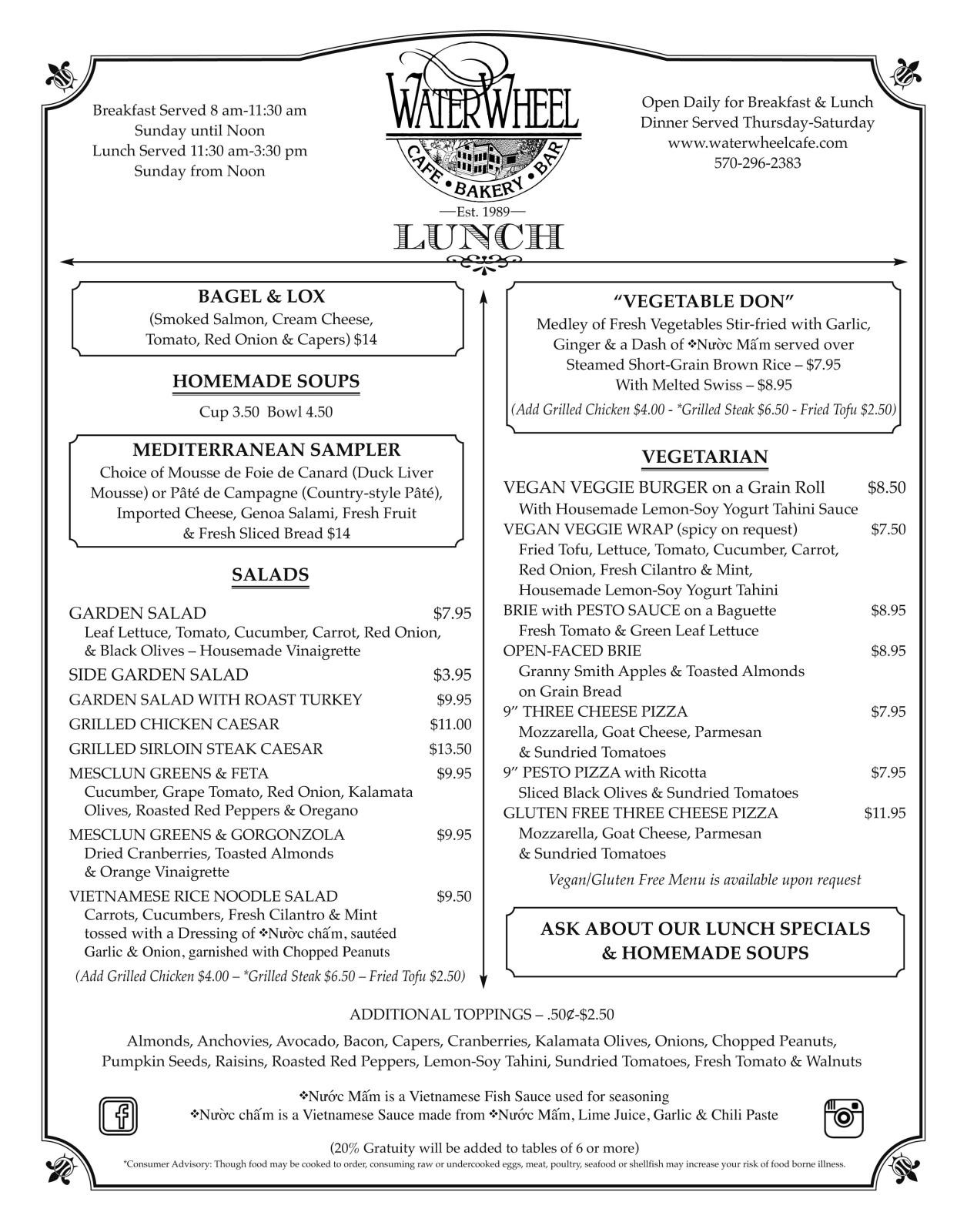 WaterWheel Lunch Menu - Page 1